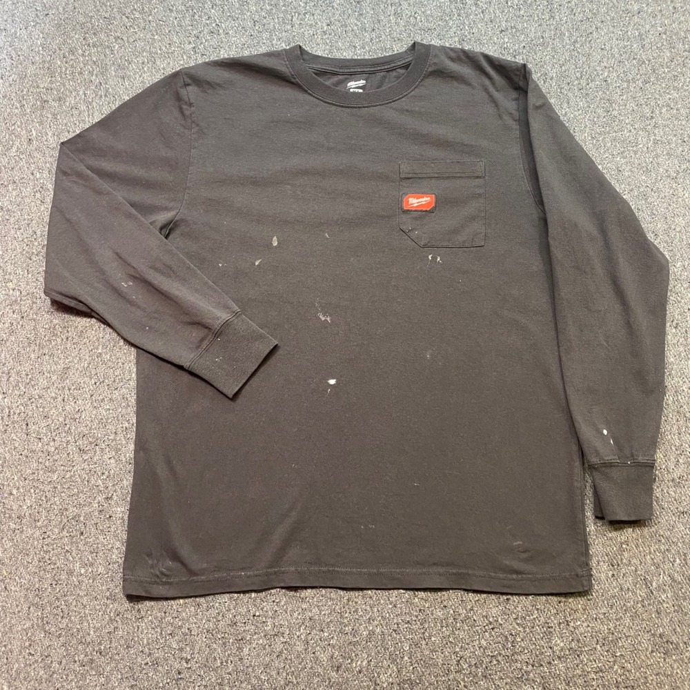 Milwaukee Long Sleeve Pocket TShirt Sz XL Mens Black Workwear Distressed Paint
